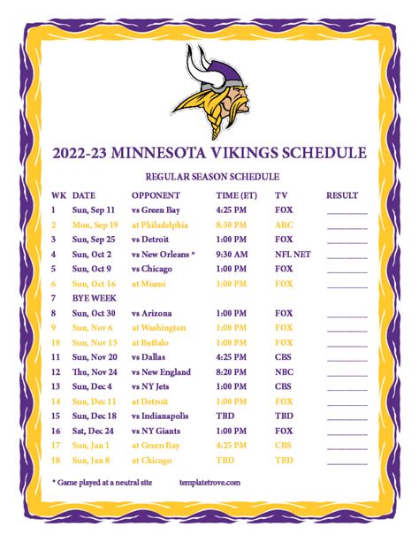 vikings full schedule 2022